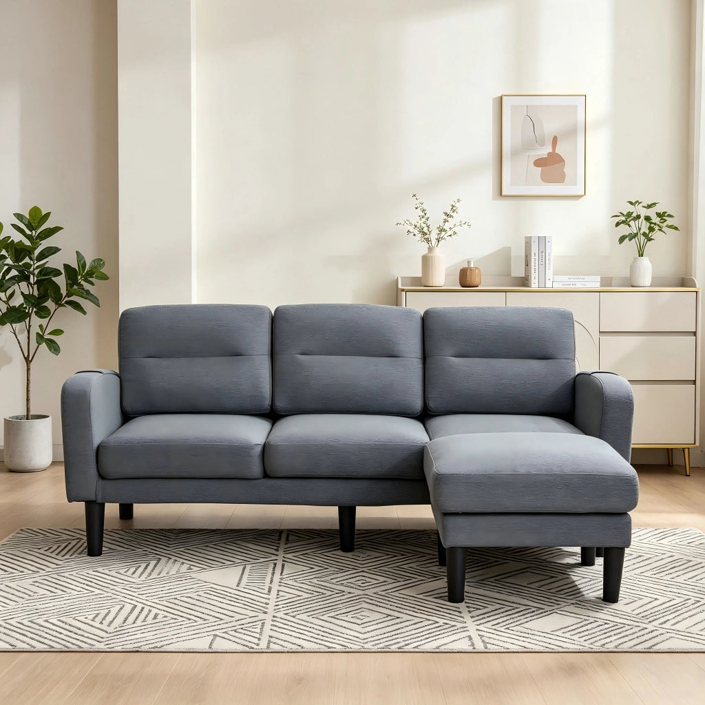 Divano angolare a L con chaise longue, 3 posti, tessuto grigio, 204x136x80 cm