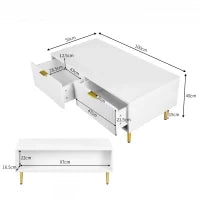 Tavolino da Salotto Moderno con 2 Cassetti e Design a Righe Verticali, 100x50x40 cm - Tavolino da Divano, Bianco+Oro