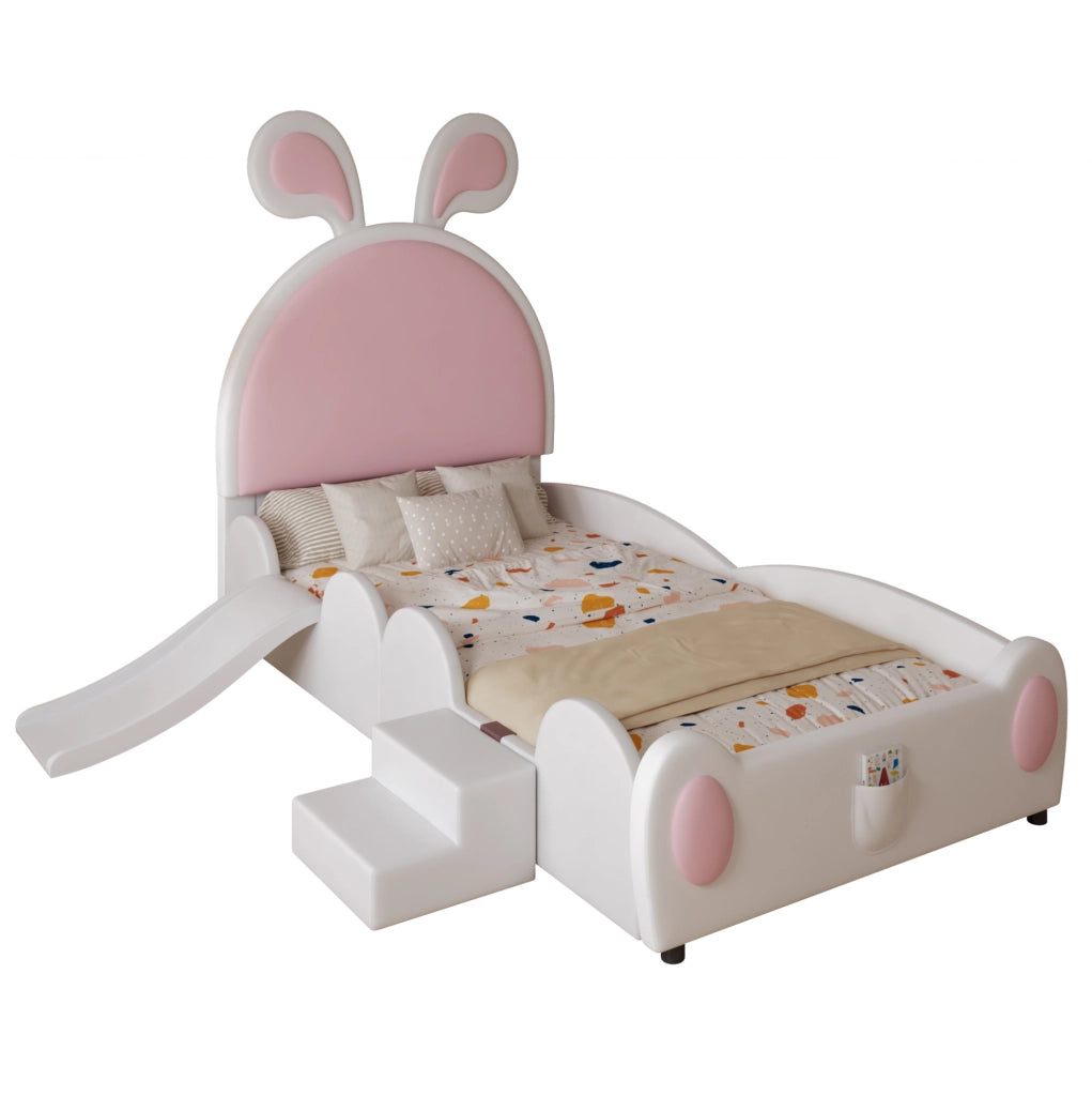 Letto imbottito 90x200 cm con scivolo; scala e orecchie da coniglio in PU rosa e bianco