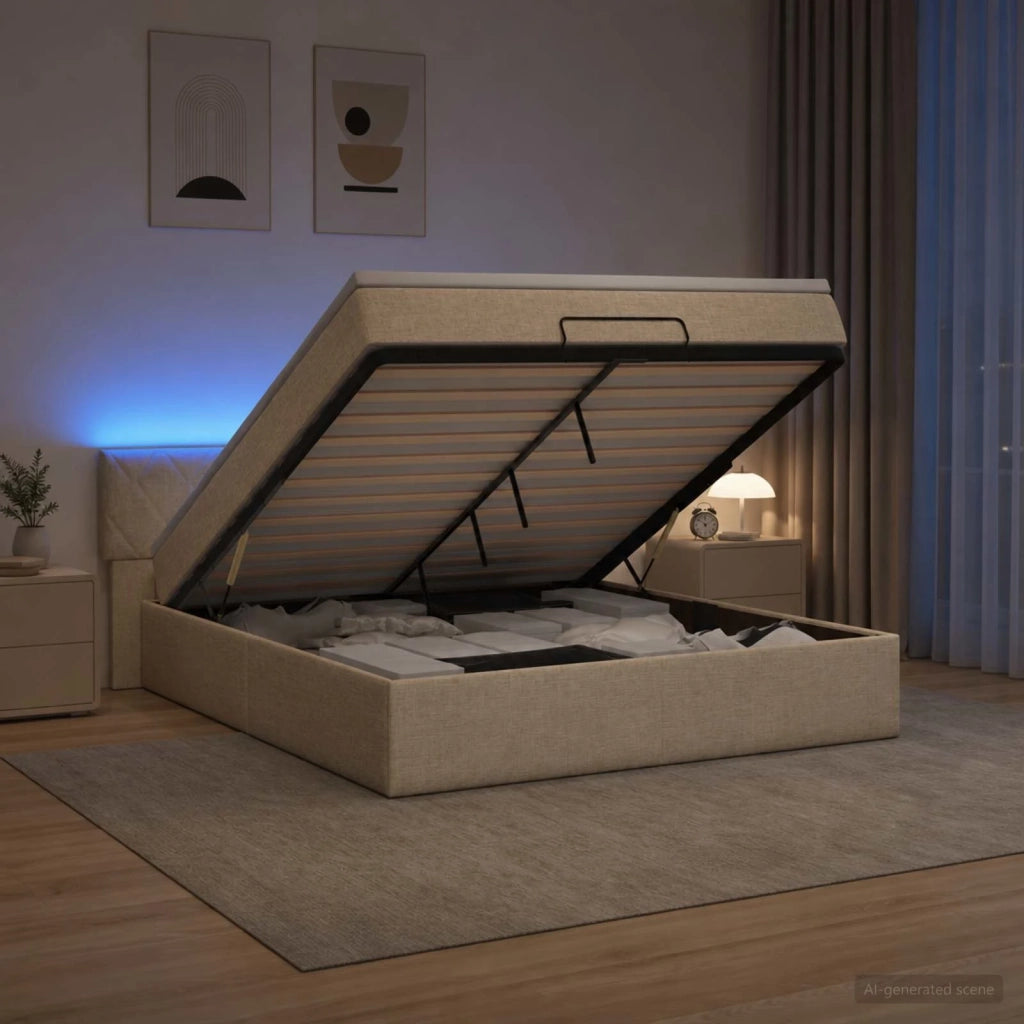 Letto Ottomano con Materasso e LED Crema 180 x 200 cm Tessuto 3457014