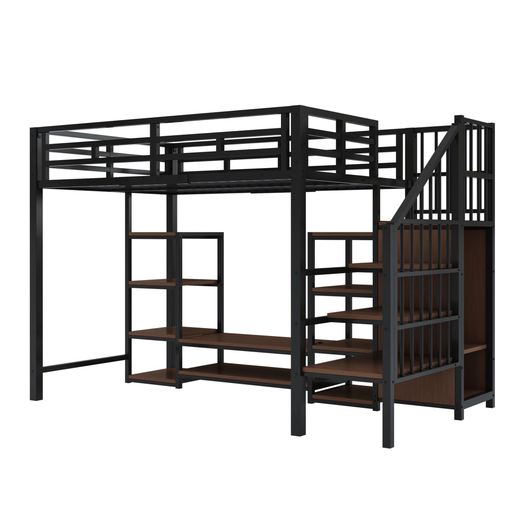 Letto a soppalco 90x200 cm con supporto TV; presa integrata e scala portaoggetti; nero