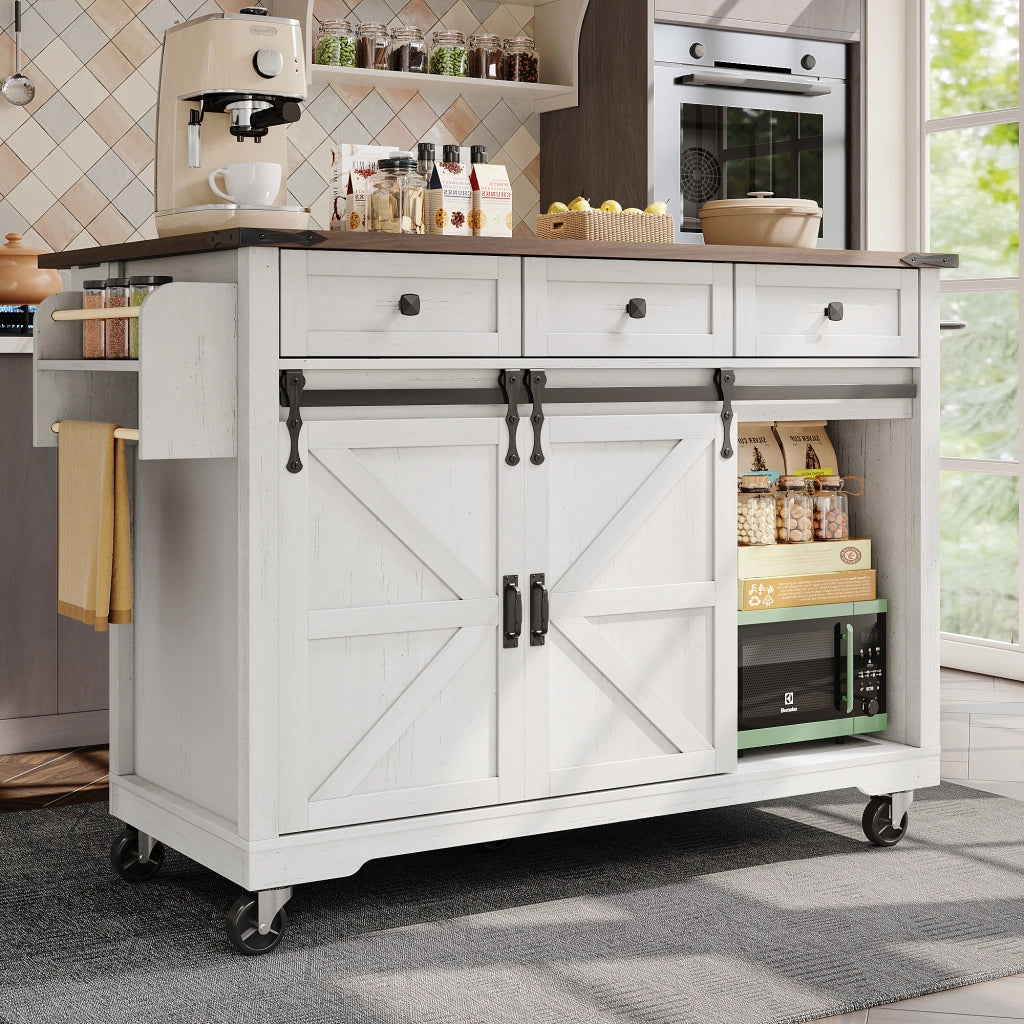 Carrello da cucina con 3 Cassetti; 2 Ante Scorrevoli; Piano Pieghevole e Ruote; in MDF; 140x45x94 cm; Beige