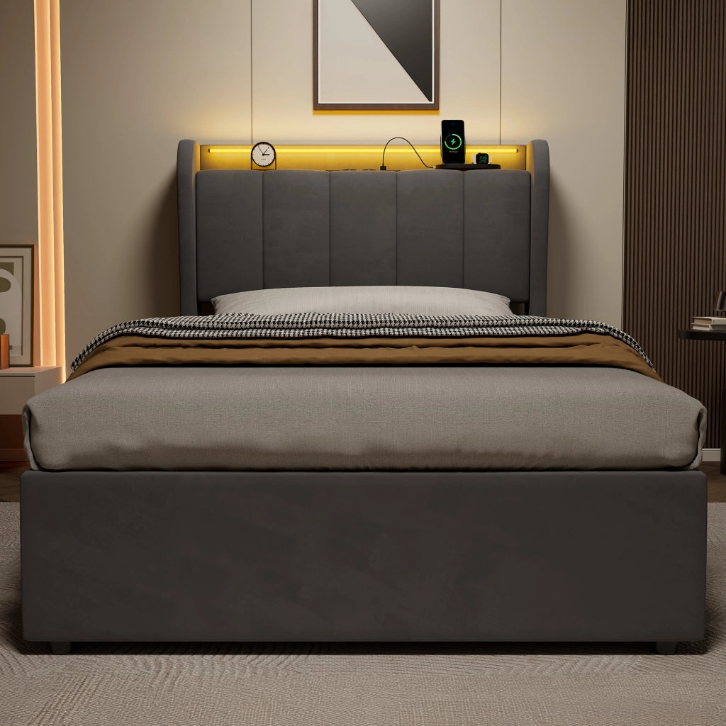 Letto singolo contenitore imbottito grigio scuro 90x200 cm con LED e dock di ricarica