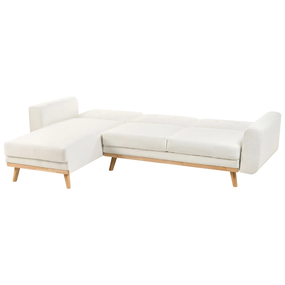 Divano Angolare ad Angolo Destro Bianco in Tessuto Imbottito a L con Seduta Trapuntata Cuscini Decorativi e Funzione Letto