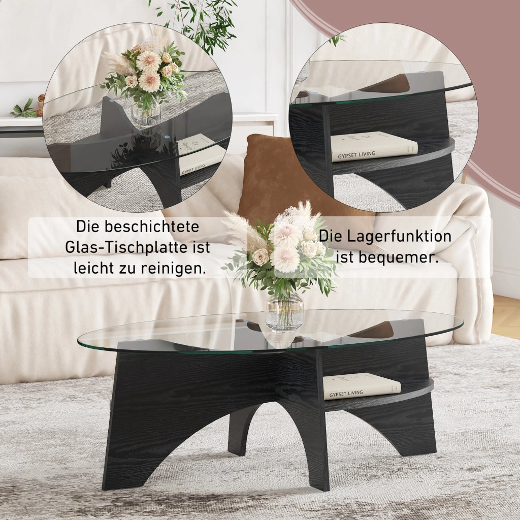 Tavolino da caffè con piano in vetro e base a ventaglio - per soggiorno - 104.9×60×35.6 cm - in MDF e vetro - nero e trasparente