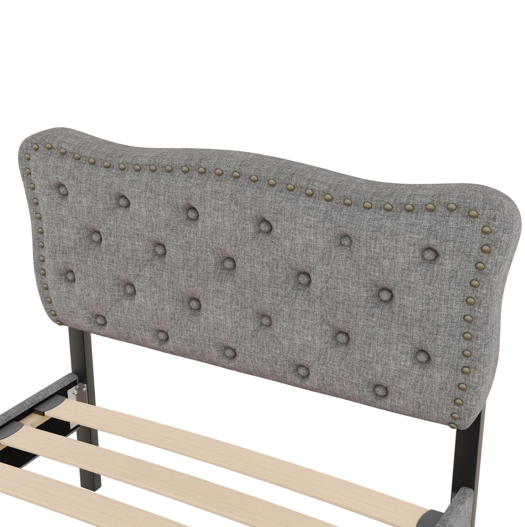 Letto singolo imbottito ULEVR 90x200 cm con 2 cassetti, testiera regolabile e borchie decorative, grigio