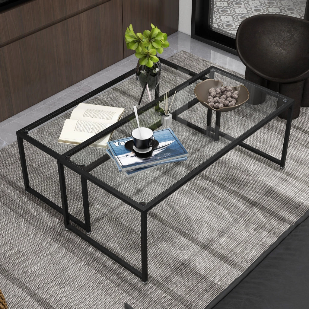Tavolo da pranzo - set 2 tavolini - piano in vetro - acciaio nero - per soggiorno e camera da letto