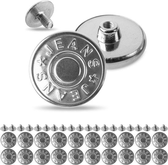 Viti di sostituzione per jeans, confezione da 20, Ø 14 mm, viti in ottone, color argento, viti per jeans con chiusura a vite, per allargare o stringere la cintura dei pantaloni, viti per pantaloni in metallo con chiusura a vite