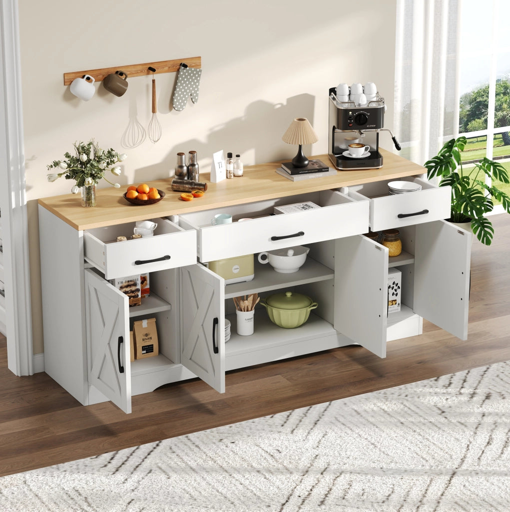 Madia bianca in MDF con 3 cassetti e 4 ante, 160 cm