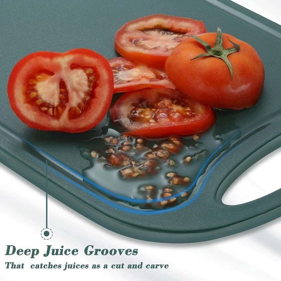 Set di 3 lame di plastica per tagliare con solchi per succo e maniglie antiscivolo, lame per tagliare/ontbijt, plastica, verde, BPA libero, lavastoviglie.
