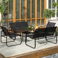 Set da Giardino con 2 Divani 2 Posti, 2 Poltrone e un Tavolino da Caffè con Piano in Vetro, Nero