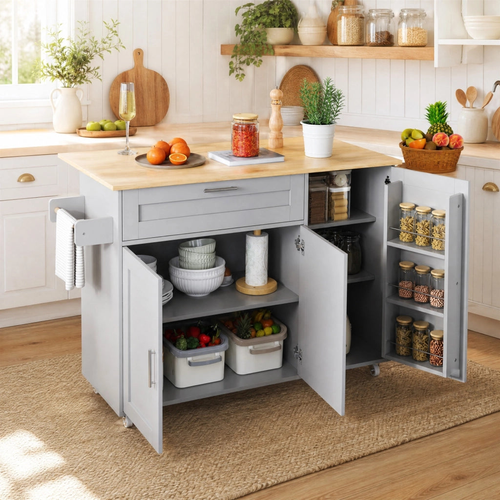 Carrello cucina mobile grigio con piano pieghevole e 5 ruote