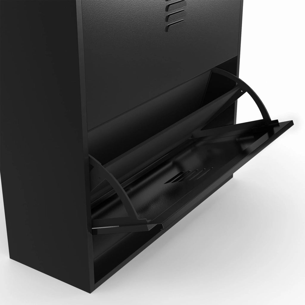Scarpiera ESTER, capacità massima 24 paia, 4 ante in metallo nero e piano in legno dal design industriale