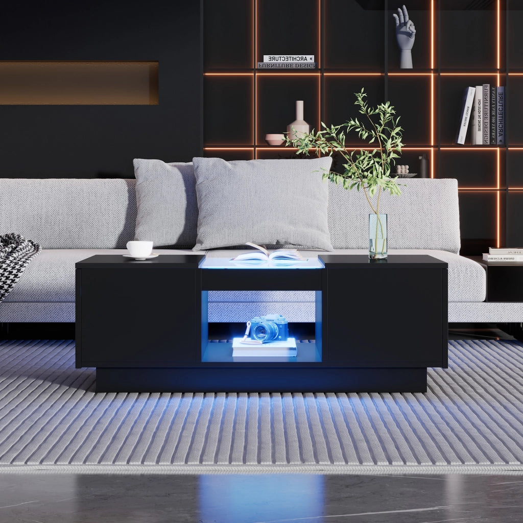 Tavolino basso con LED e controllo app 2 cassetti 1 vano aperto piano in vetro nero 100 × 50 × 35,5 cm
