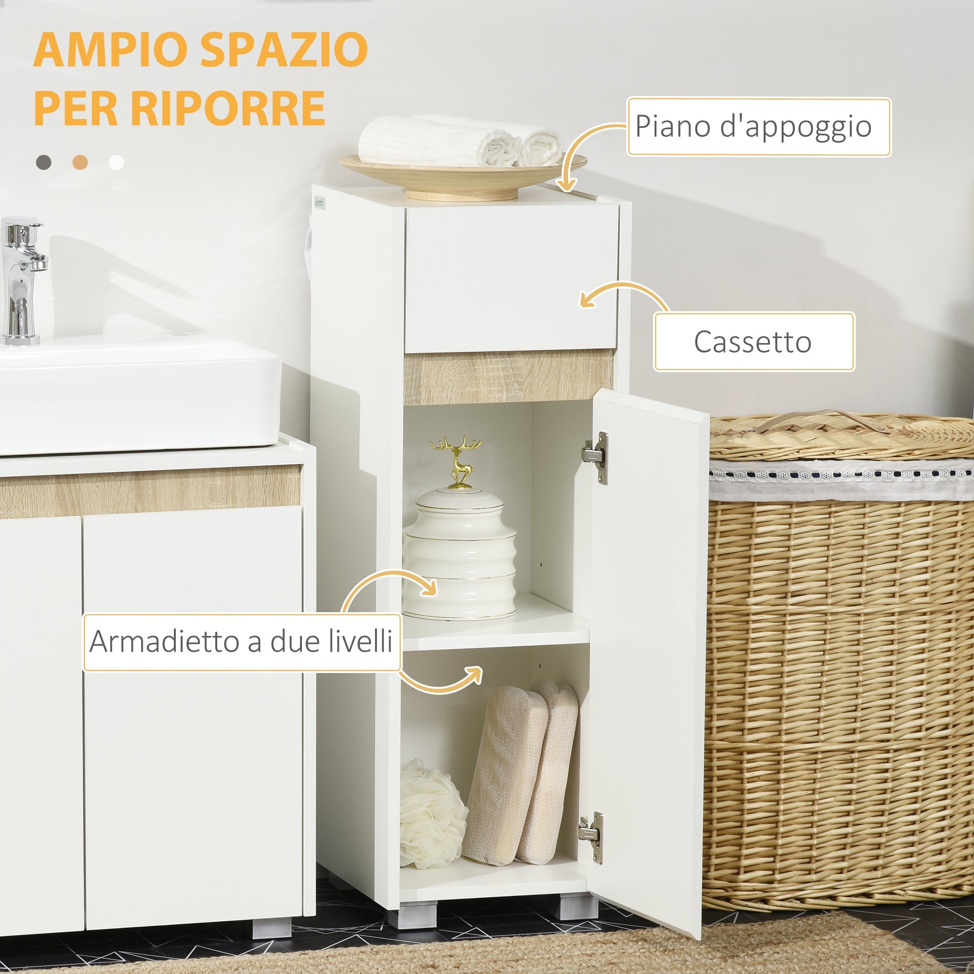 Mobiletto Bagno 30x33x88 cm con Cassetto e Armadietto in Legno  Bianco