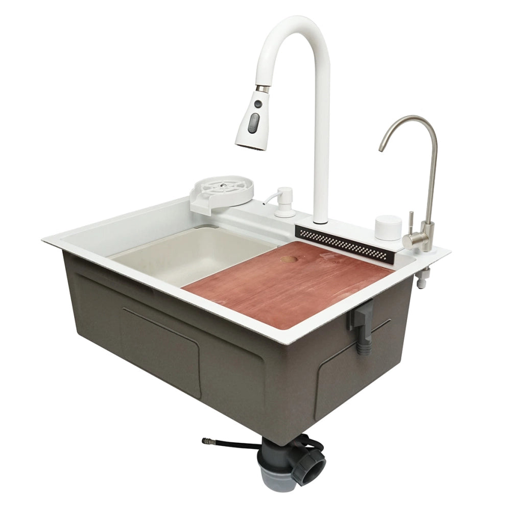 Lavello da cucina multifunzionale in acciaio inox con due rubinetti, funzione cascata, lavapentole, dispenser di sapone, scolapiatti, vassoio, tagliere e accessori di scarico inclusi, dimensioni 60×45×22 cm.