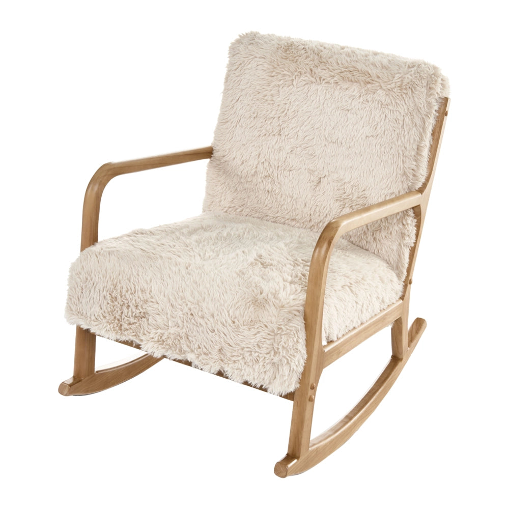 Sedia a dondolo con braccioli e cuscino Gambe in legno di gomma e rivestimento in finta pelliccia beige chiaro Soggiorno classico tradizionale