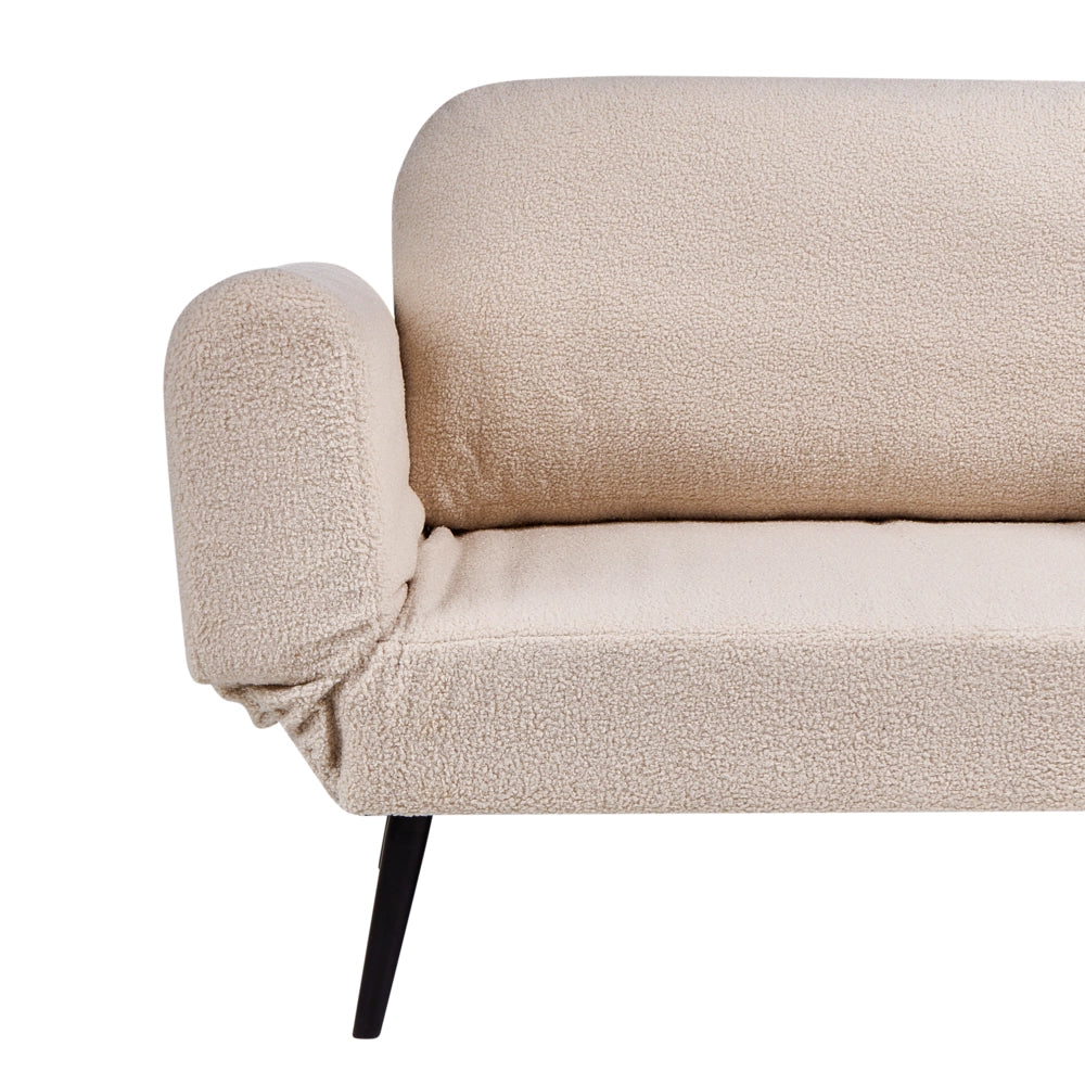 Divano letto con funzione letto cuscino rotondo rivestimento in bouclé gambe in ferro per soggiorno o camera da letto color beige