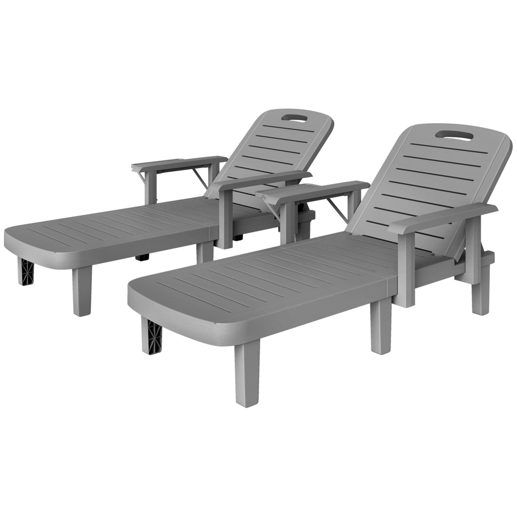Set 2 Sdraio da Giardino Regolabili con Tavolino e Braccioli, in Polipropilene, 79x158x88 cm, Grigio Scuro