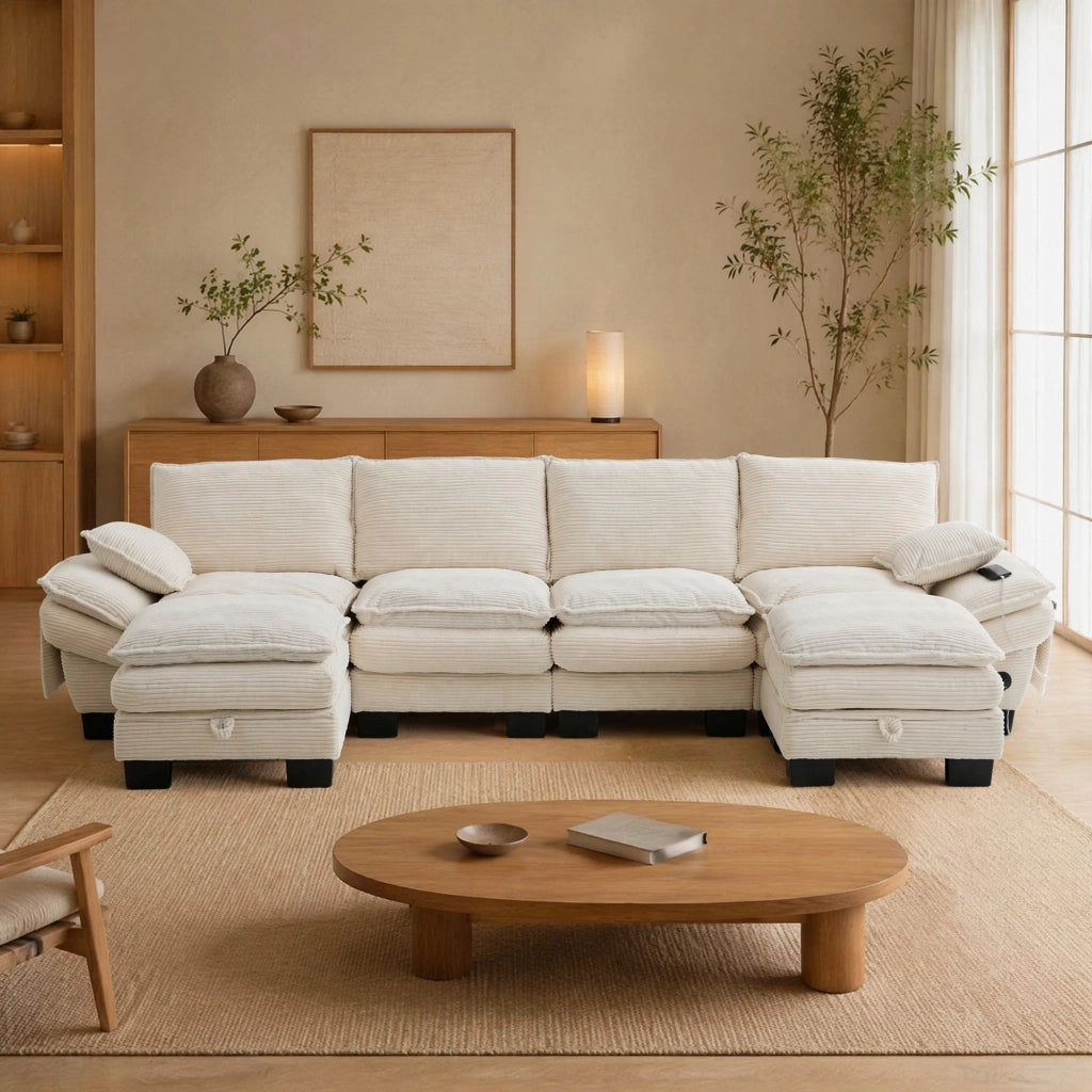 Divano panoramico modulare a 4 posti con 2 pouf in velluto a coste beige USB-C e tasche laterali 330 × 132 × 84 cm