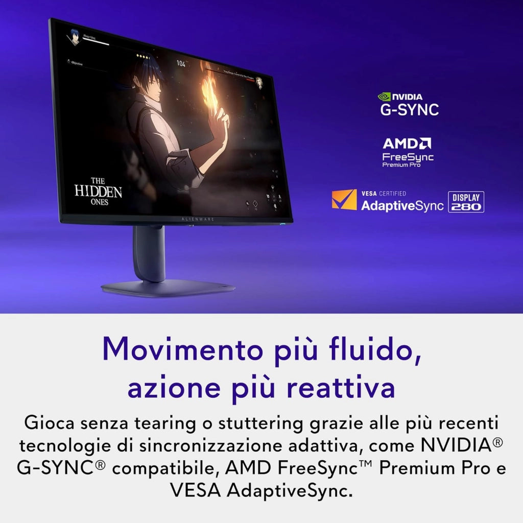 Alienware 27 Monitor Gaming - AW2725D, QHD (2560x1440), 280Hz, QD OLED, 0.03ms, NVIDIA G-SYNC Compatible, AMD FreeSync Premium Pro, HDR True Black 400, USB-C, DisplayPort, 2 HDMI, 3 Anni di Garanzia