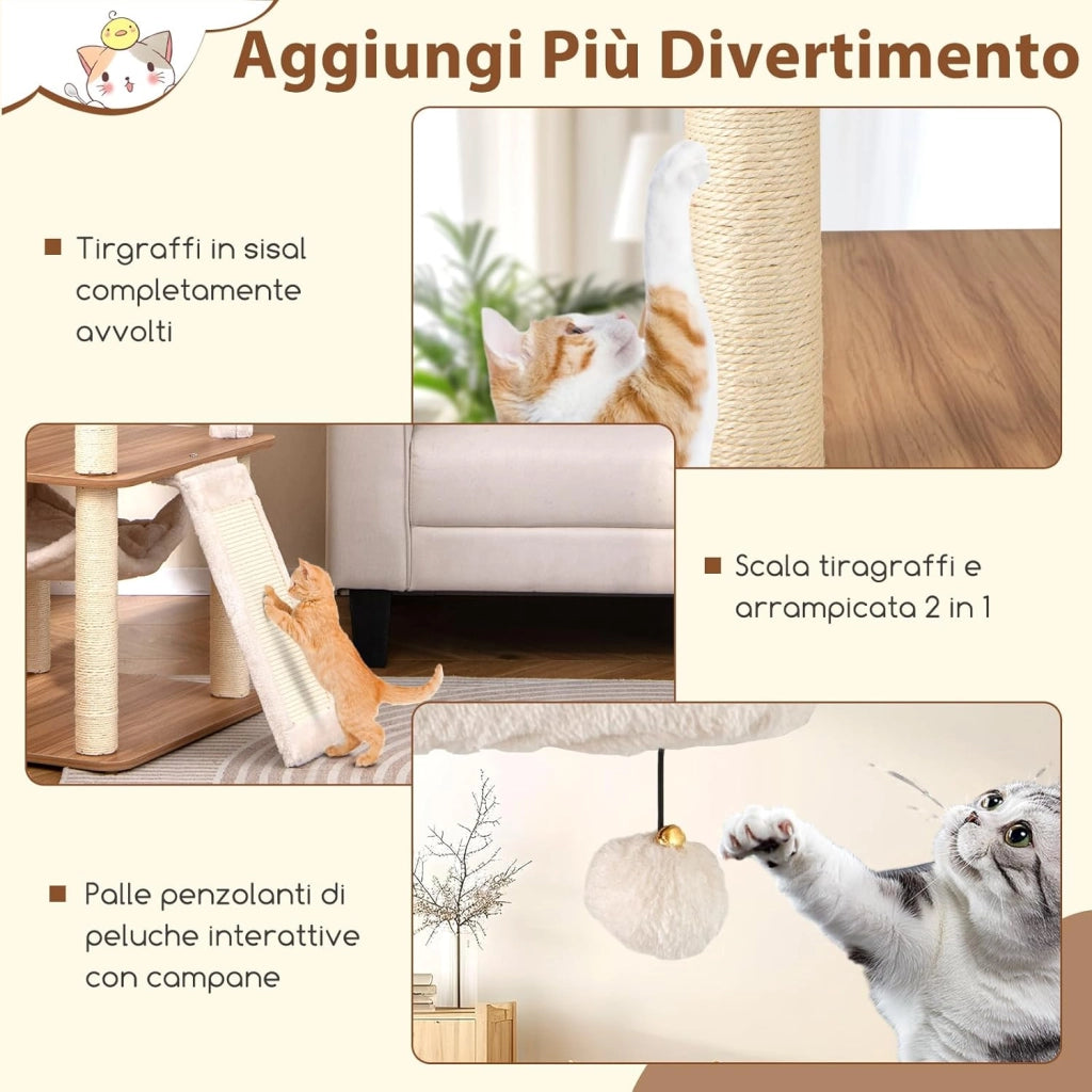 Tiragraffi per Gatti 168 cm, Albero per Animali Domestici con 3 Piattaforme, Condo, Tiragraffi in Sisal, Scala e Palline Appesse, Mobile da Arrampicata con Multi Livelli