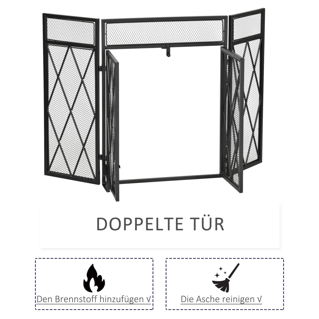 Parascintille camino 3 pannelli in ferro battuto con doppia anta; 120x79 cm; nero