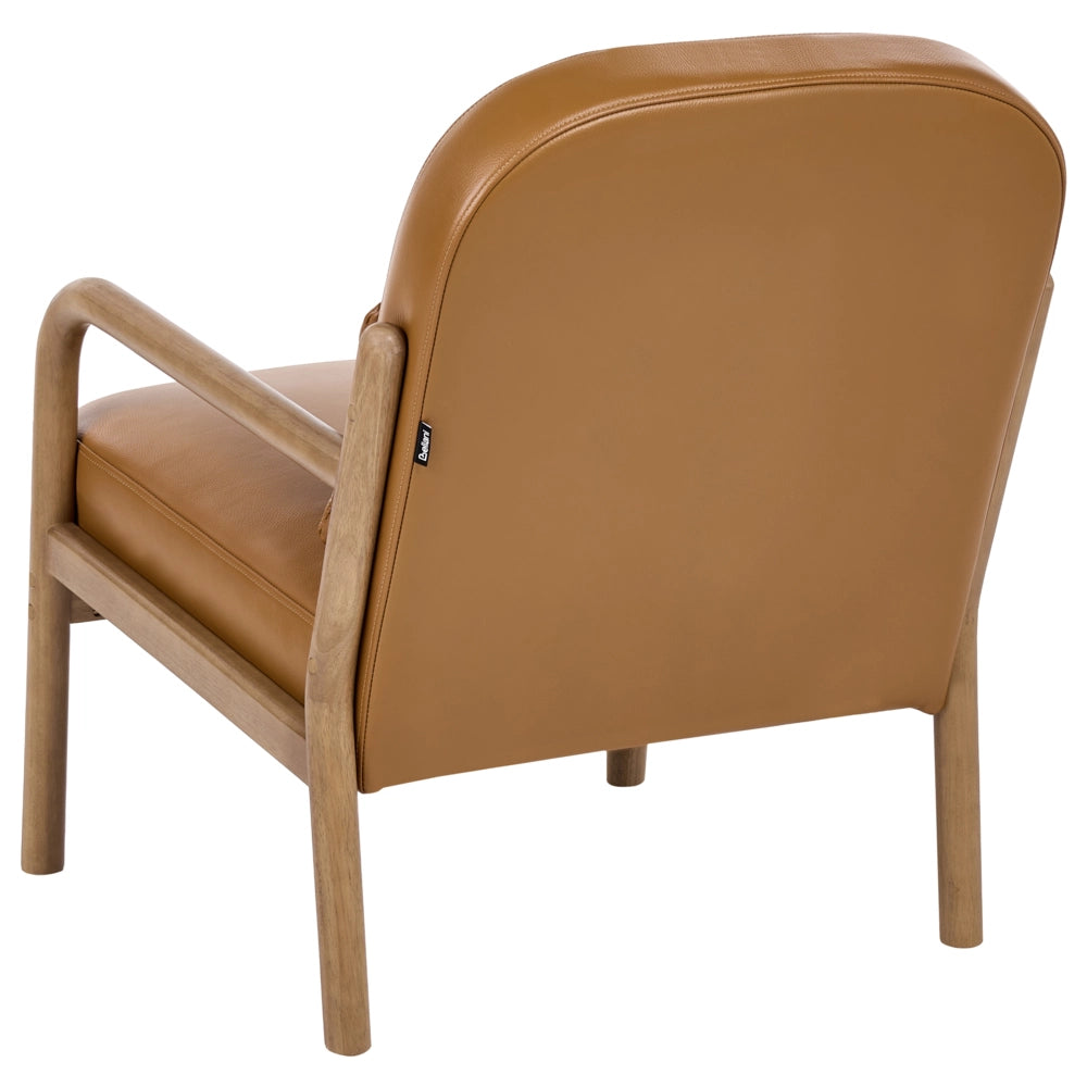 Poltrona in pelle marrone dorato con struttura in legno stile Mid-Century e Moderno