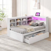 Divano letto multifunzionale in legno massello 90x200 cm con LED; USB e vani portaoggetti; bianco