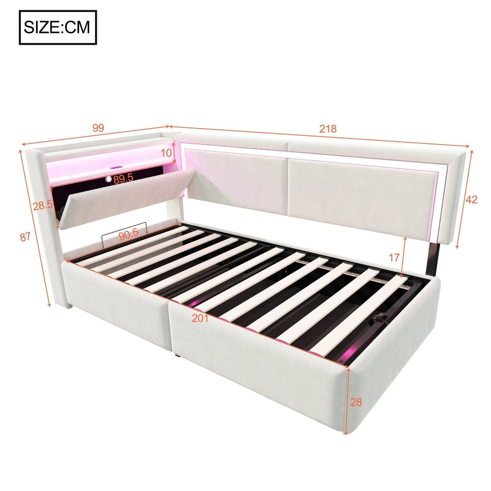 Letto Imbottito Contenitore con LED ¨C Xylo ¨C Velluto Beige 90x200