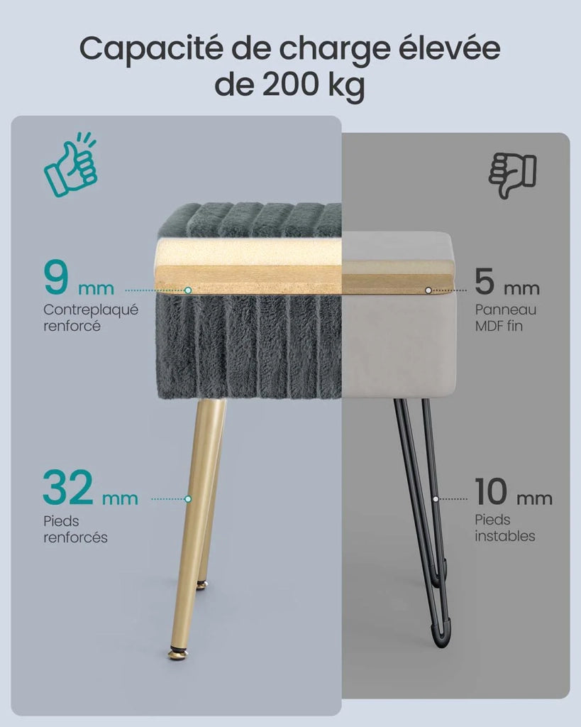 Sgabello da toeletta con contenitore 30 x 40 x 50 cm poggiapiedi gambe in metallo imbottite piedini regolabili per soggiorno camera da letto cabina armadio grigio 12_0008032