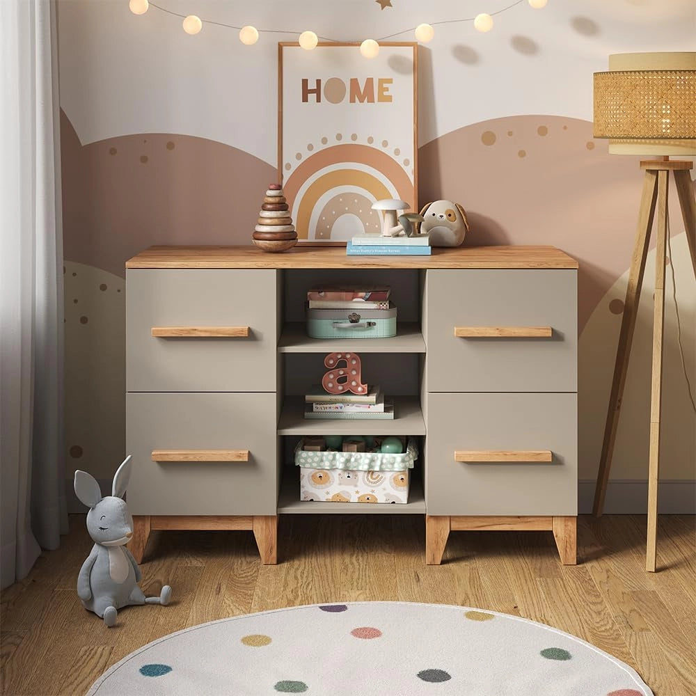Fasciatoio Malia, Cashmere/Artigianale, 133 x 98 cm XL con 4 cassetti, con fasciatoio rimovibile per l'utilizzo come cassettiera