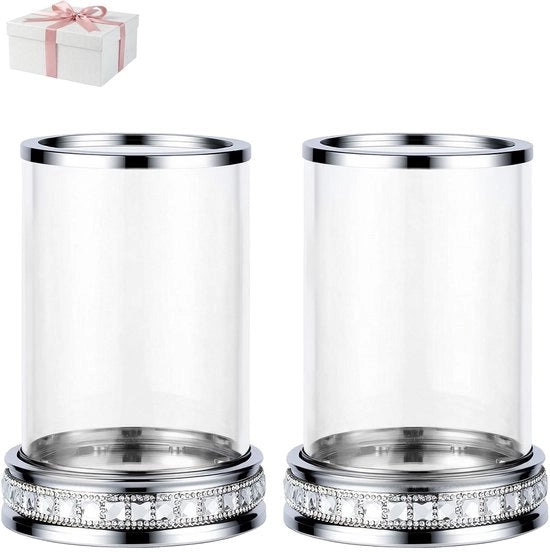 Sostegno per candele in vetro e metallo - Decorazione con pietre di strass - Resistente al vento - Adatto per candele da 3"x5