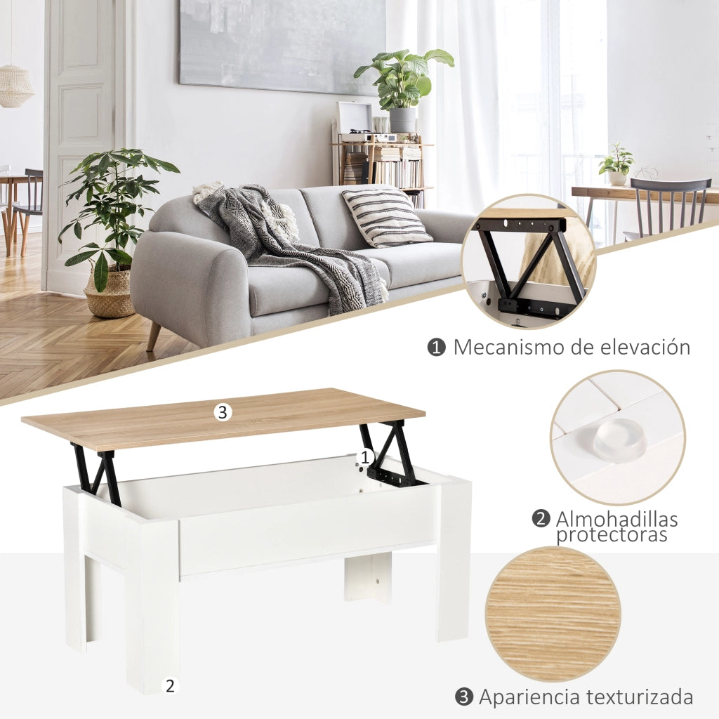 Tavolino da caff¨¨ elevabile con piano elevabile e spazio di stoccaggio nascosto ¨C Minimal ¨C 100x50x45-58,5 cm bianco e naturale