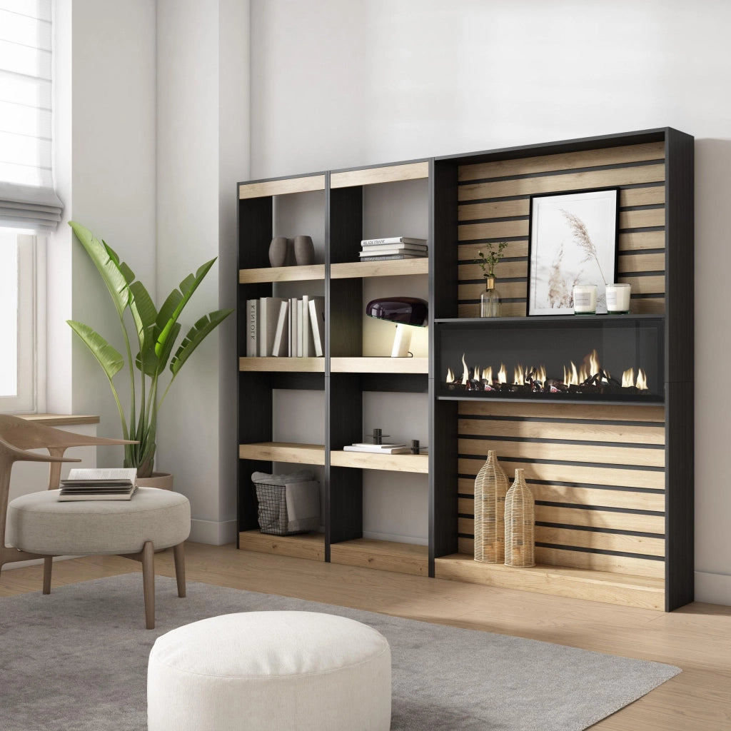 Libreria scaffale, 230x25x186cm, Soggiorno, Ufficio, Camino elettrico, colore Rovere e nero RF2426