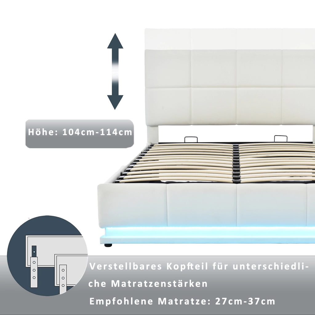 Letto contenitore matrimoniale 160 × 200 cm con LED et vano contenitore idraulico, senza materasso, in ecopelle, bianco