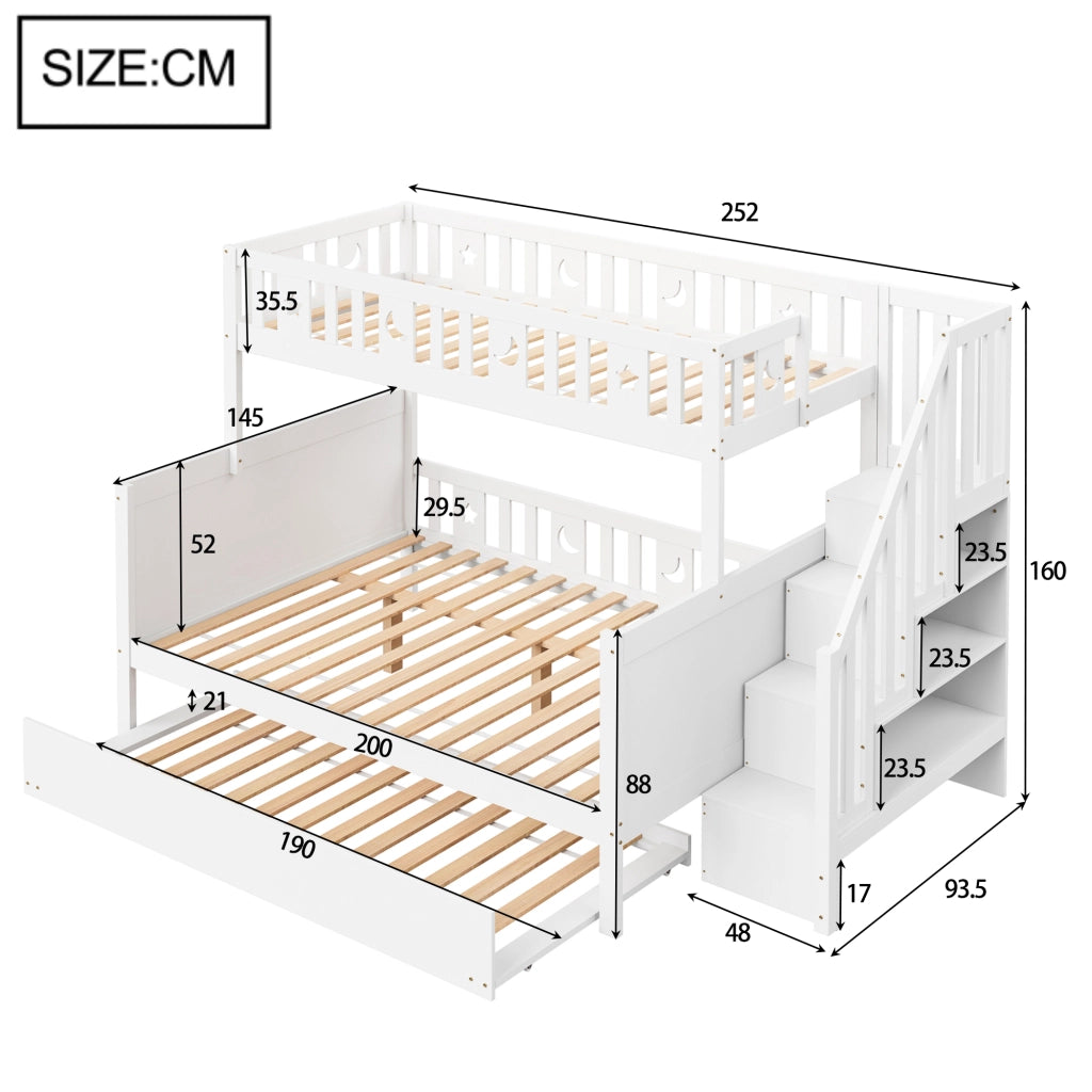 DESMIU Letto a castello letto bambini 3 posti con scala contenitore e letto estraibile, 90 × 200 e 140 × 200 cm, senza materasso