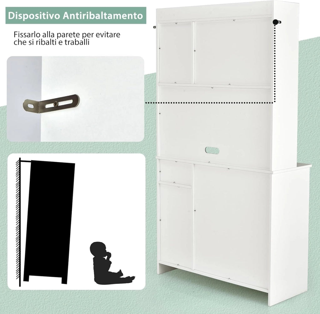 COSTWAY Armadio da Cucina Alto 180 CM, Credenza Alta da Cucina con Armadietti e Cassetto, Stazione di Ricarica Integrata, Ripiani Regolabili, 100 x 40 x 180 cm (Bianco)