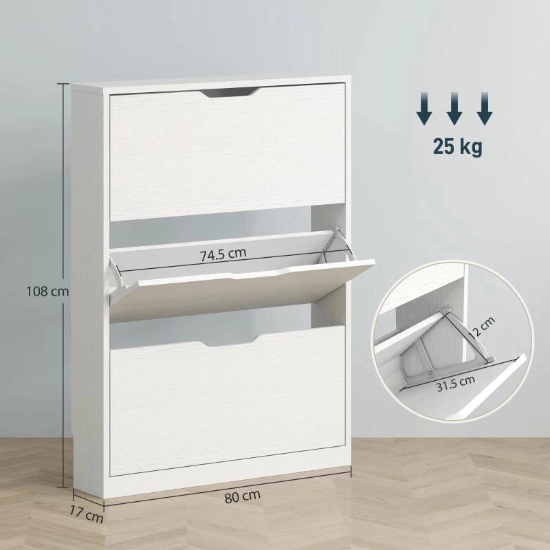 SCARPIERA SLIM A 3 CASSETTI RIBALTABILI CON INTAGLIO INFERIORE, IN LEGNO, 80X17X108 CM, BIANCO