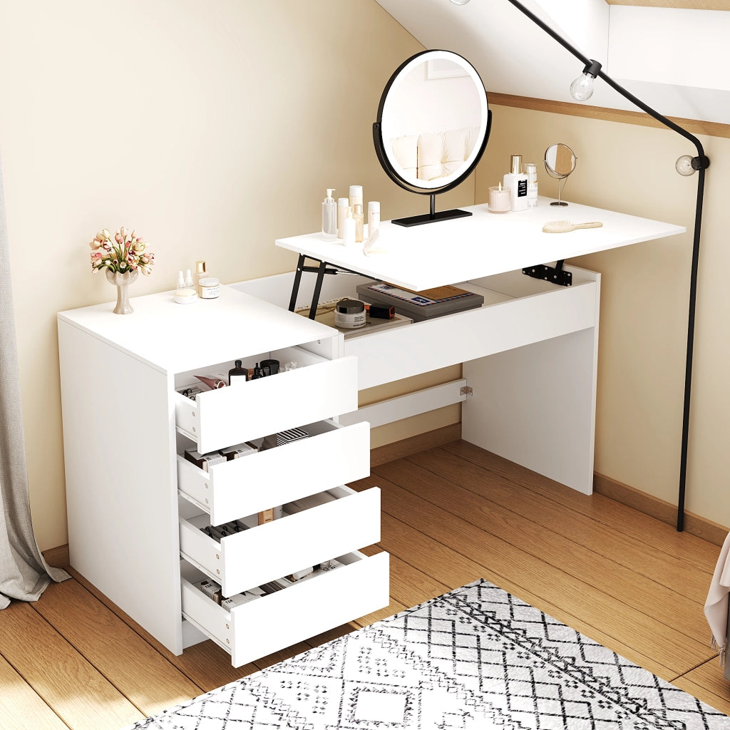 Scrivania bianca regolabile in altezza 120×50 cm con 4 cassetti e vano nascosto