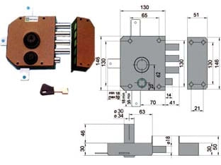 SERRATURA QUINTUPLICE DA APPLICARE CON SCROCCO A POMPA 30650- - mm.60 DX cilindro ø mm.34 (30650VD60J) - 1 pezzi MOTTURA