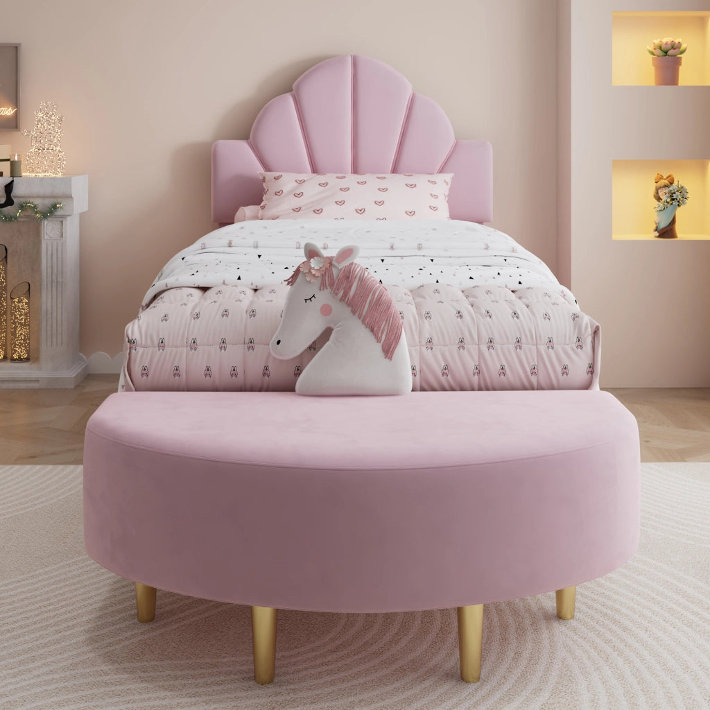 Letto Singolo 90 x 200 cm - Testiera in Velluto; Panca Coordinata e Bordi Morbidi