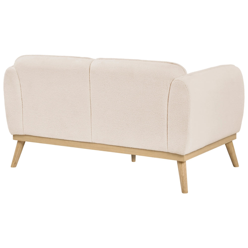 Set da salotto in stile scandinavo con divani a 2 e 3 posti, gambe affusolate in legno e rivestimento in bouclé beige chiaro