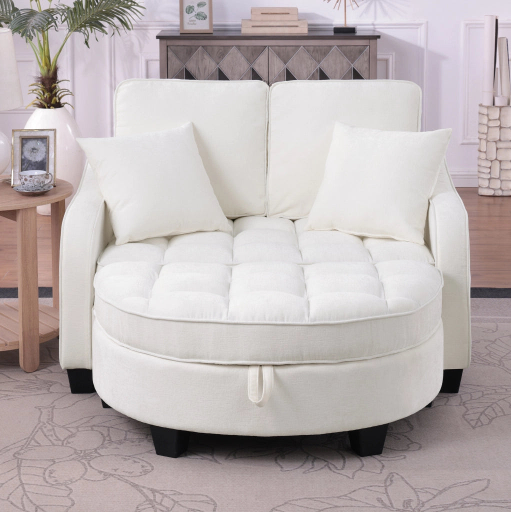 Divano letto 132x129x93 cm 2 in 1 con pouf contenitore in legno di eucalipto beige