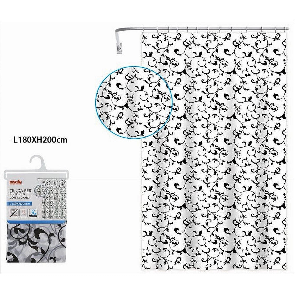 Trade Shop - Tenda Da Doccia Vasca Bagno 12 Ganci Motivo Floreale Bianco Nero 180x200cm 87567 -