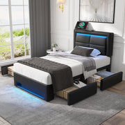 Letto imbottito 90x200 cm con LED, USB e 4 cassetti