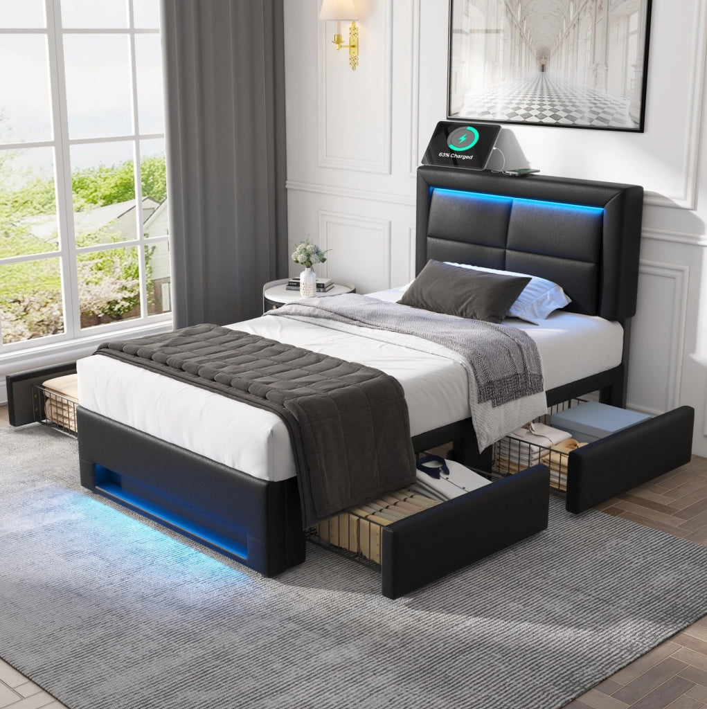 Letto imbottito 90x200 cm con LED, USB e 4 cassetti