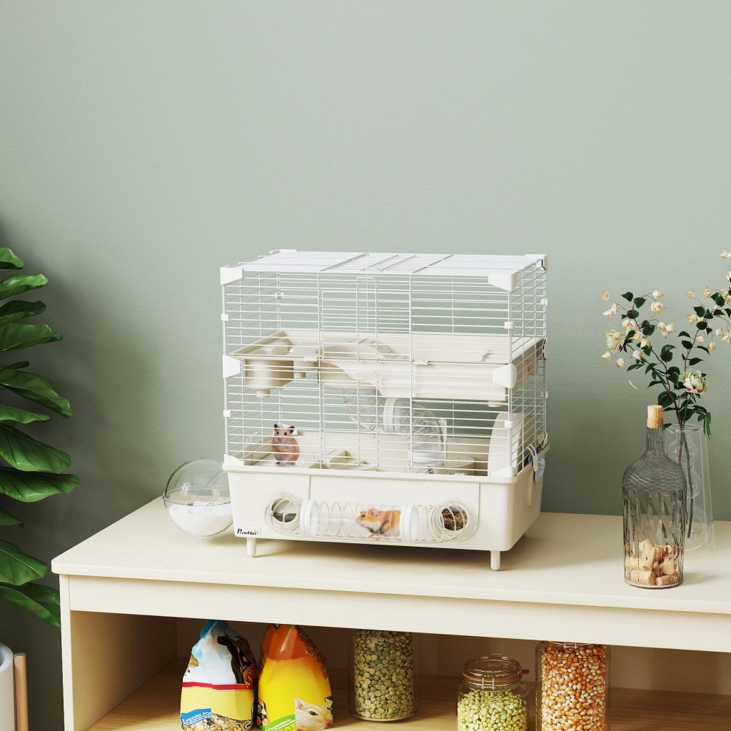 Gabbia per Criceti a 2 Livelli e 3 Porte con Ruota e Tubi, in Acciaio, PS e PP, 44.5x28x44 cm, Crema e Bianco