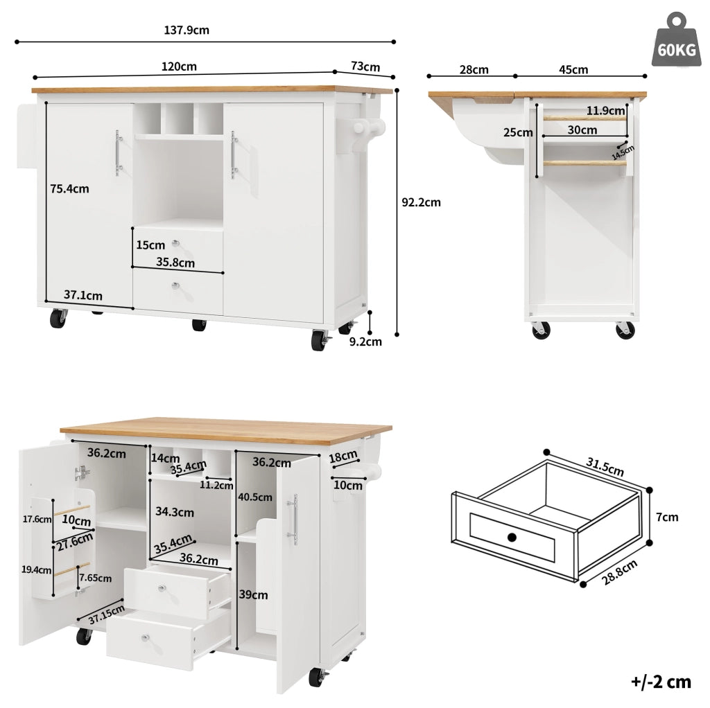 Isola da cucina 137.9x73x92 cm con piano pieghevole; ruote; MDF e metallo bianco