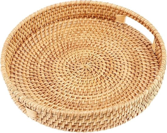 Cestino Rotondo di Rete con Maniglie, Organizzatore Naturale per Snacks, Pane e Bevande, Mandorlo Decorativo per l'Uso di Tavolo
